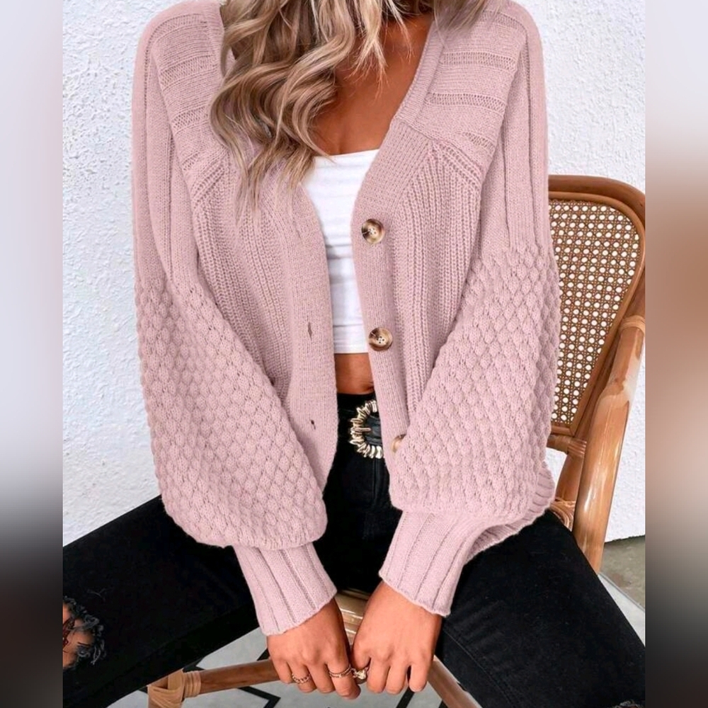 New Boho Textured Knit Raglan Sleeve Cardigan Sweater Muted Pink